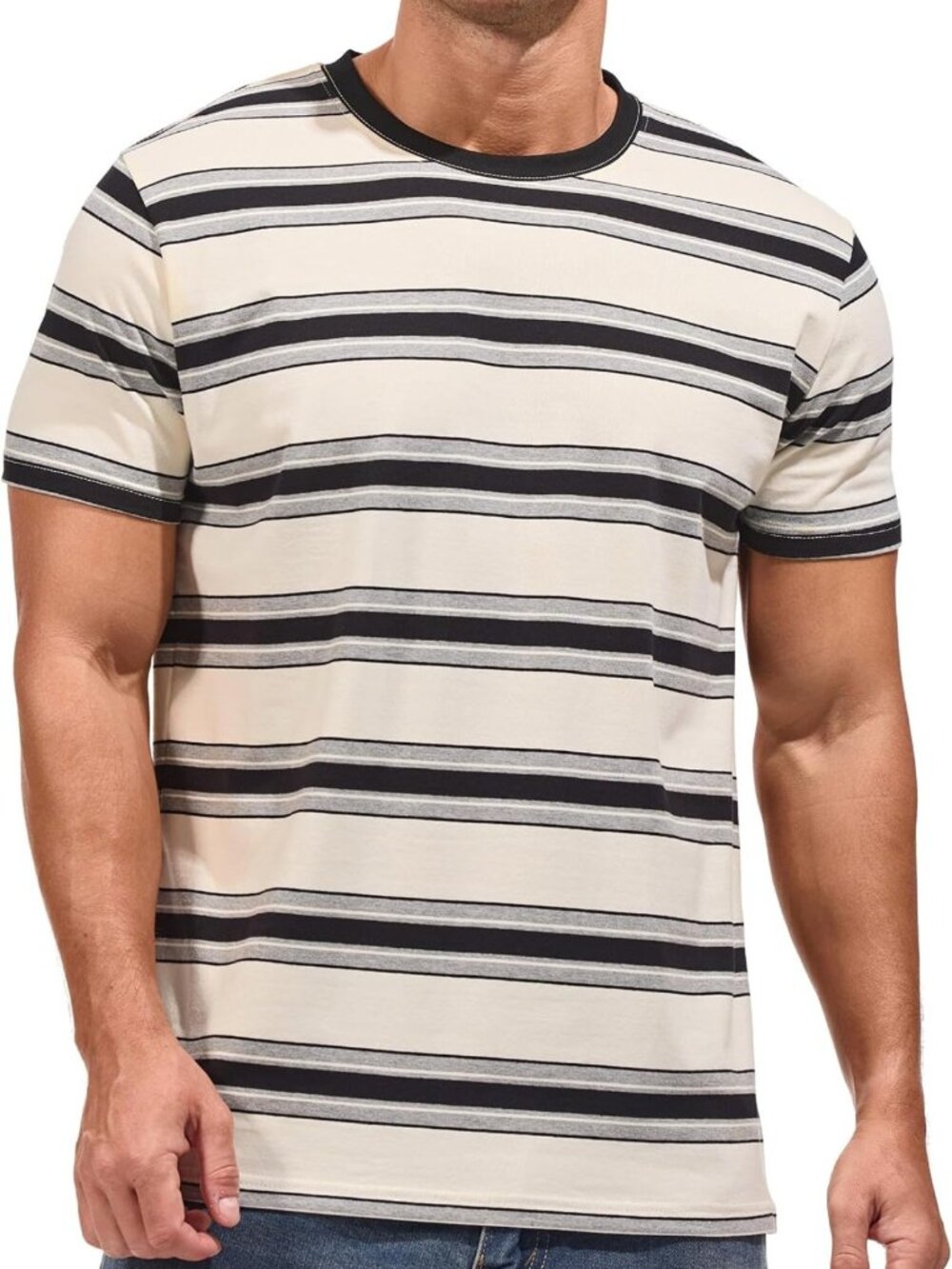 Men's Soft Elastic Cotton Crewneck Striped T-Shirt - Casual Summer Tee